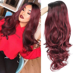 Wigs for Women Long Curly Wig Black to Red Wavy Synthetic Party Wigs Burgundy Middle Part Full Wigs Heat Resistant Fiber Halloween Cosplay Wigs