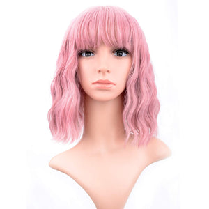 Pastel Wavy Wig With Air Bangs Women's Short Bob Pink Wig Curly Wavy Shoulder Length Pastel Bob Synthetic Cosplay Wig for Girl Colorful Costume Wigs