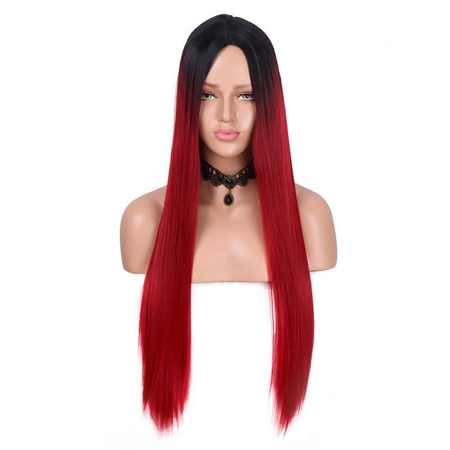 Wine Red Wigs Long Straight Burgundy Synthetic Wig for Women and Ladies Natural Hairline Middle Part Cosplay Party Wigs