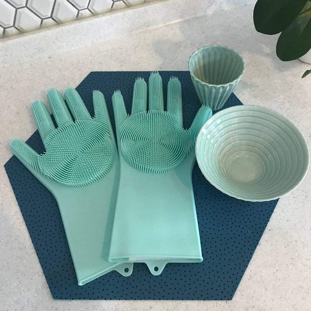 Cleaning sponge gloves, dishwasher gloves, silicone reusable cleaning brushes, heat-resistant cleaning gloves, suitable for household, kitchen cleaning, bathroom, car washing. 1 pair (13.5 inches large)