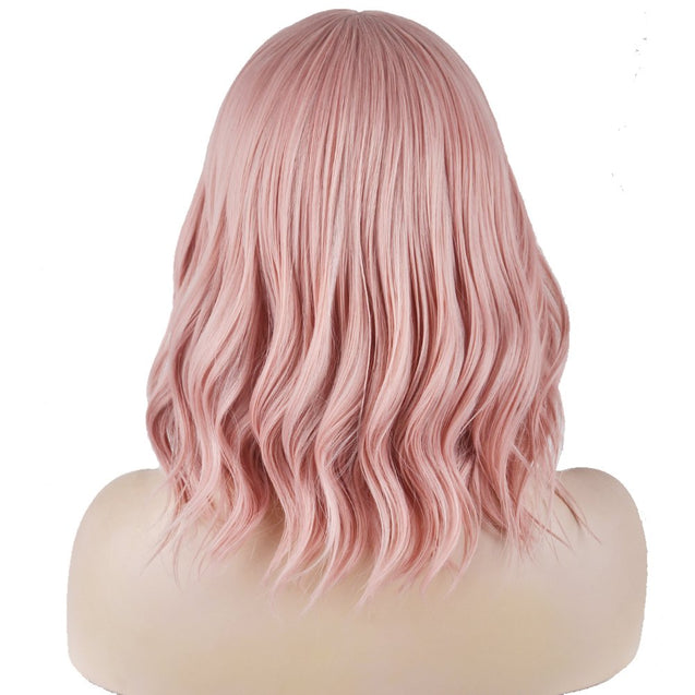 14'' Short Curly Women Girl's Charming Synthetic Wig with Air Bangs Wig Cap Included (Lovely Pink)