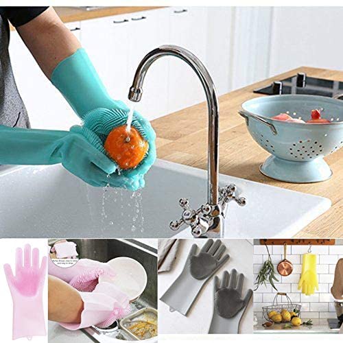 Cleaning sponge gloves, dishwasher gloves, silicone reusable cleaning brushes, heat-resistant cleaning gloves, suitable for household, kitchen cleaning, bathroom, car washing. 1 pair (13.5 inches large)