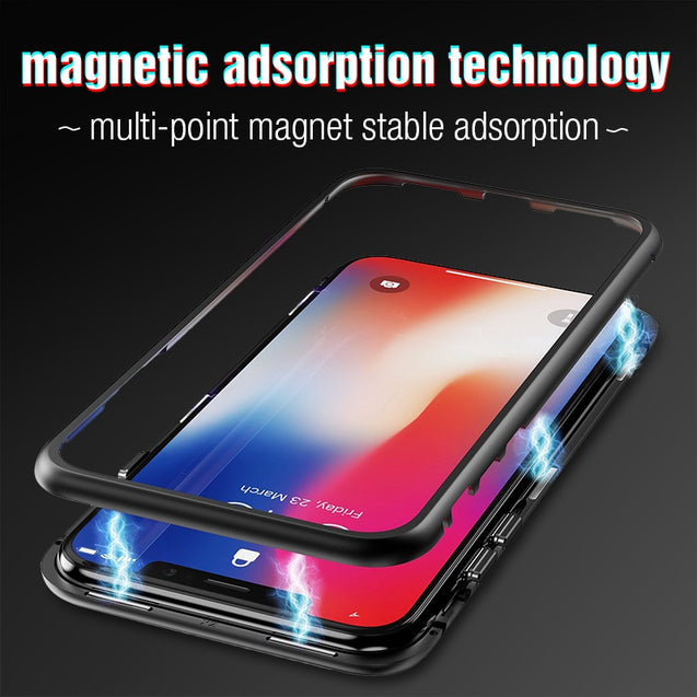 For iPhone Coque Luxury Metal Magnet Back Glass Cover Fundas bumper